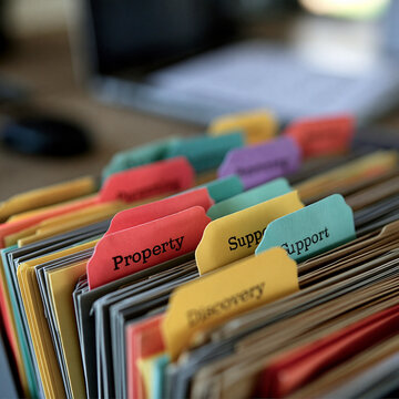 Organized File Folders: Colorful file folders with labels like Property, Support, and Discovery neatly organized in a filing cabinet, symbolizing efficient data management and administrative tasks.