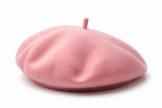 A pink beret hat is displayed against a white background.