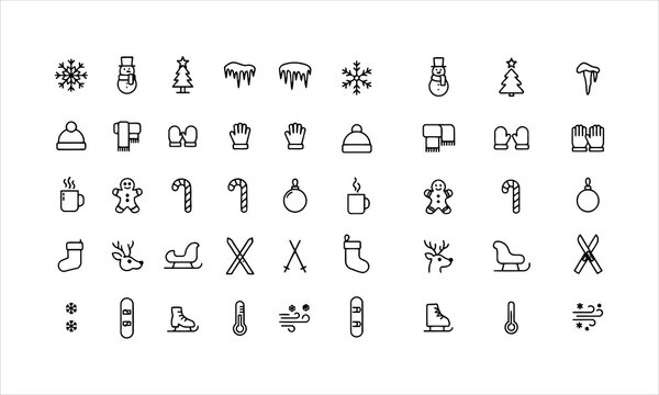 Set outline icons related to winter. Linear icon collection. Editable stroke. Vector illustration