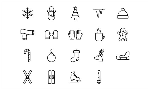 Set outline icons related to winter. Linear icon collection. Editable stroke. Vector illustration
