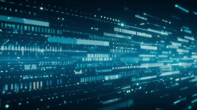 Digital data stream glowing with rapid blue lines and particles in high speed motion video clip