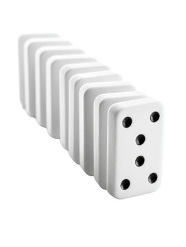 White domino tiles in falling chain reaction with five pips on front tile isolated