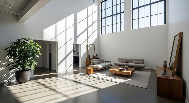 Bright and spacious modern minimalist living room interior with high ceilings and large industrial windows casting strong sunlight and shadows on the floor