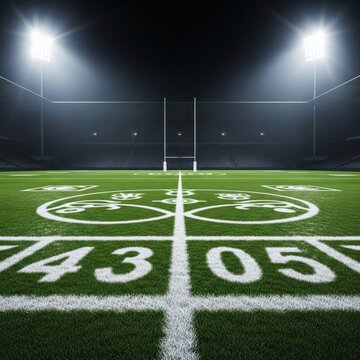 Lush Green Rugby Field Under Bright Stadium Lights at Night