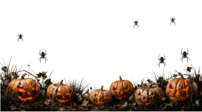 Row of scary carved glowing halloween pumpkins with flying bats for holiday party background border
