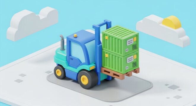 3D cartoon forklift truck lifting green cargo containers on light blue