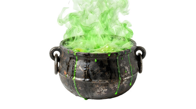 Black witch cauldron with bubbling bright green magic potion and smoke for halloween celebration