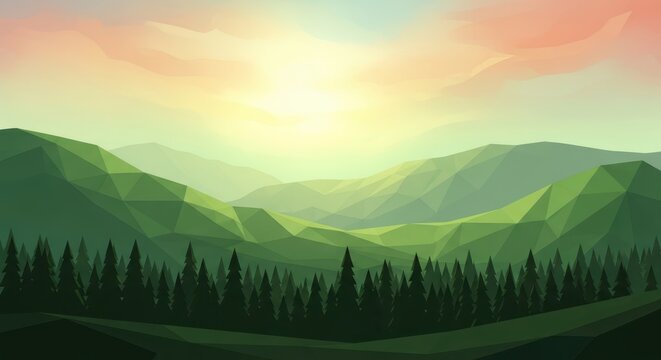 Stylized low poly forest landscape at golden sunset with geometric landscape
