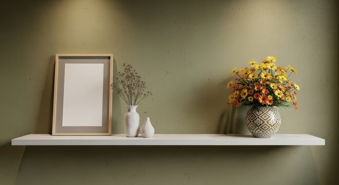 Empty picture frame and yellow flowers on wooden wall shelf with home decor