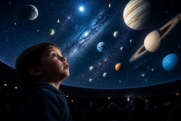 Fototapeta premium Boy gazing at planets in immersive planetarium dome