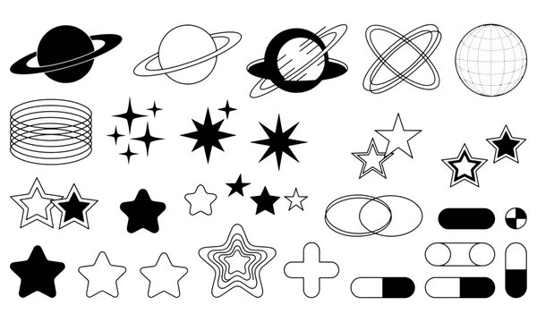 Y2K starburst and space elements set with saturn planets, sparkles, globe grid, pills, and geometric shapes