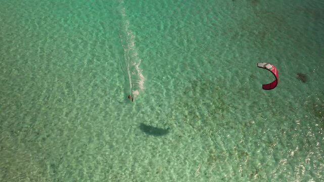 Aerial view of kitesurfer in Los Roques archipelago, Venezuela.