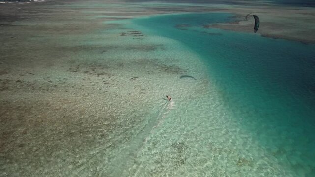 Aerial view of kitesurfer in Los Roques archipelago, Venezuela.