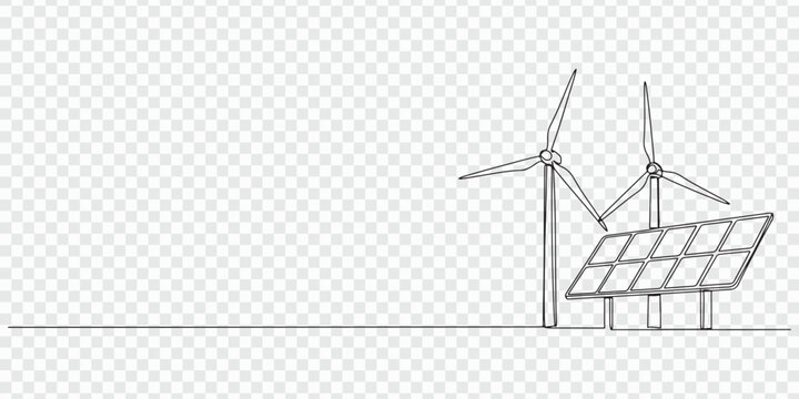 Continuous one line drawing of wind turbine and solar panel, renewable energy concept, ecofriendly power generation vector illustration.