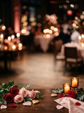 Romantic dinner setting with red and pink roses, candles, and heart decorations on a rustic wooden table indoors with border frame and copy space