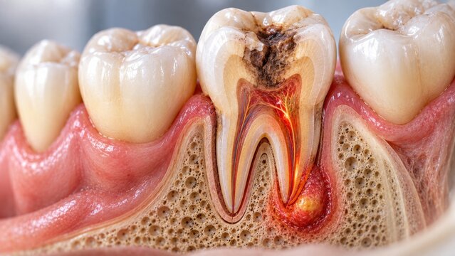 Cross-section of a decayed molar with severe cavity and inflamed pulp forming an abscess.