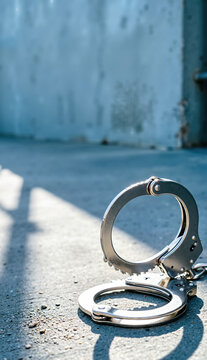Vertical photo of unlocked silver handcuffs on concrete floor. Open hand cuffs in prison yard under bright sunlight. Concept of freedom and release