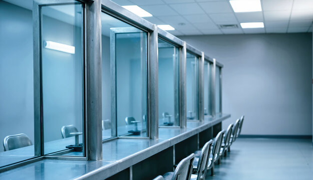 Empty prison visiting booths with glass partitions and metal stools. Row of visitation stations in a sterile corrections facility. Institutional interior background
