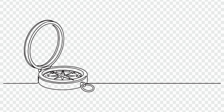 Continuous one line compass art journey adventure illustration single map. Compass one line doodle icon travel direction drawing future plane north outline vector old navigate draw simple paper banner