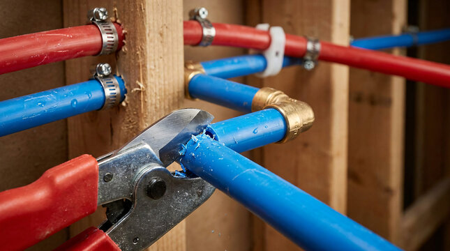 Cutting blue PEX pipe for home plumbing | Professional PEX tubing cutter tool in action | Residential plumbing installation with red and blue water lines | DIY home renovation plumbing repair