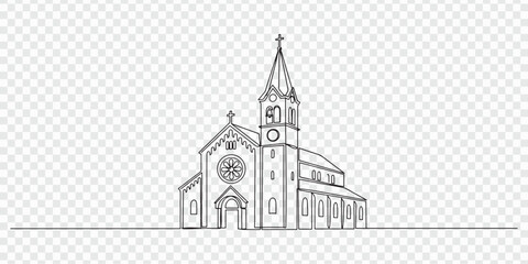 Fototapeta premium Continuous line drawing of a church building with a cross on top. One line drawing depicts faith, spirituality, worship, architecture, and a peaceful sacred atmosphere.