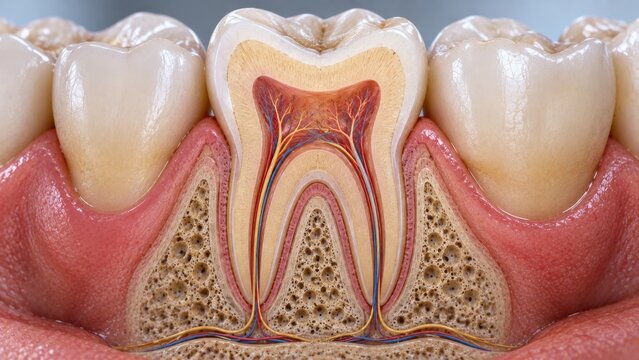 Cross-section of lower molar tooth showing internal structure of roots, pulp, and bone.
