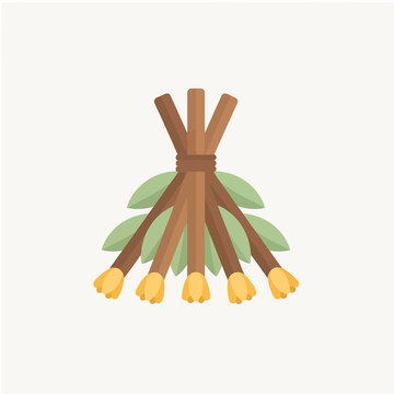Bundle of sticks with leaves and yellow flowers