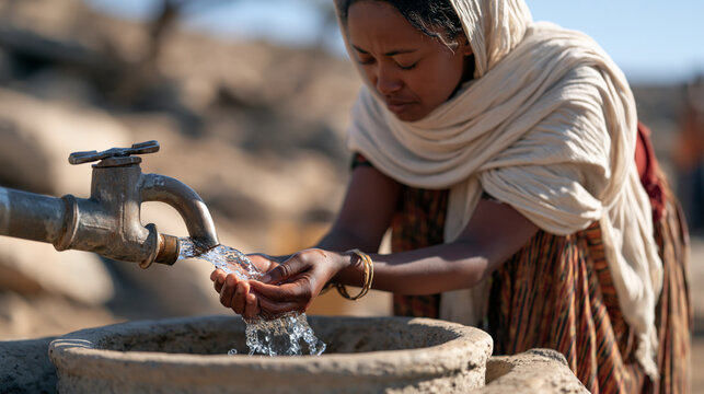 An Ethiopian woman collecting water from a hand-dug well as nearby streams have dried under prolonged drought, water crisis, female labor burden, rural hardship, subsistence