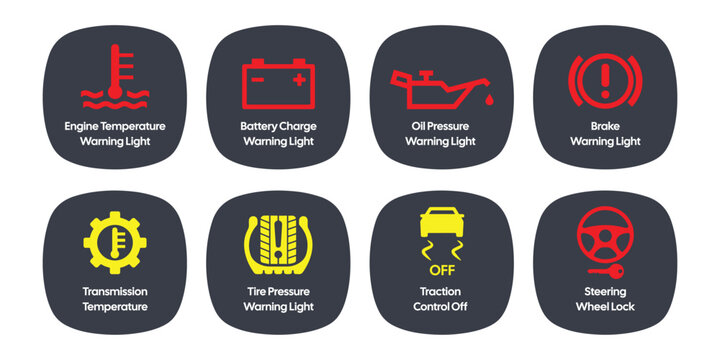 Set of Professional Car Dashboard Warning Light Icons with Red and Yellow Automotive Safety Indicators - High-Quality Vector Stock Image