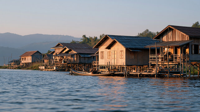 Floating homes built on stilts rising from a flooded lowland community in Myanmar, adaptive housing, water resilience architecture, Southeast Asian climate settlement, vernacular