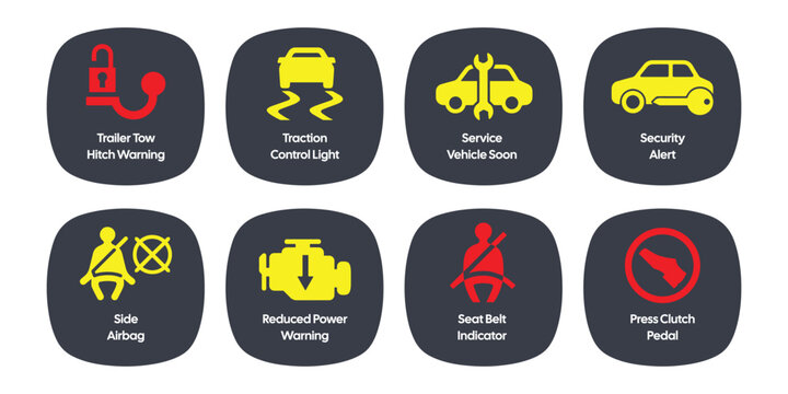 Set of 8 Essential Car Dashboard Warning Light Icons with Red and Yellow Automotive Safety Indicators - Professional Vector Stock Image