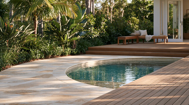 Curved freeform pool surrounded by natural sandstone paving and raised timber decking platform with built in bench seating, tropical garden planting, architectural landscape