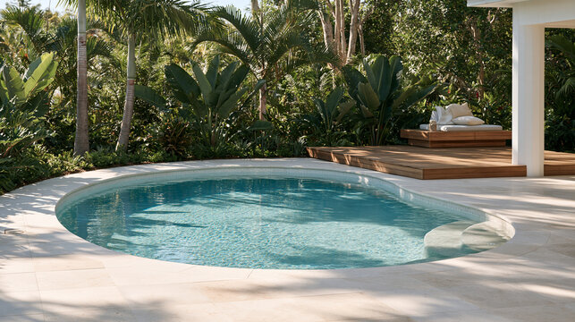 Curved freeform pool surrounded by natural sandstone paving and raised timber decking platform with built in bench seating, tropical garden planting, architectural landscape