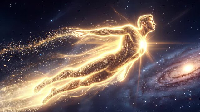 Glowing celestial figure soaring through deep space. Ethereal man composed of golden light flying past distant galaxies and nebulae. Panning camera movement.