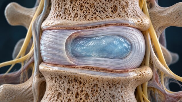 Degenerated human intervertebral disc close up showing nucleus pulposus and annulus fibrosus structure.