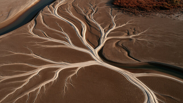 Aerial perspective of dried river delta fanning out across coastal plain, pale branching channels resembling leaf veins, abstract geography, watershed mapping, estuary drought,