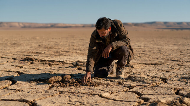 Cracked dry lakebed stretching to the horizon under harsh midday sun, exposed sediment layers revealing decades of water loss, a lone environmental scientist kneeling to collect