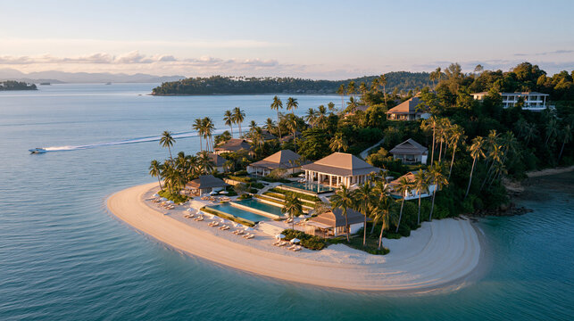Wide aerial view of a tropical resort peninsula with multiple tiered pools stepping down toward a white sand beach, bungalows nested in palm trees, speedboat wake visible in bay,