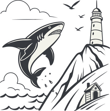 Shark and Fish Swimming in the Ocean, Underwater Marine Life Vector Illustration, Cartoon Sea Animal Silhouette Design for Aquatic Nature, Fishing, Tattoo and Logo Art