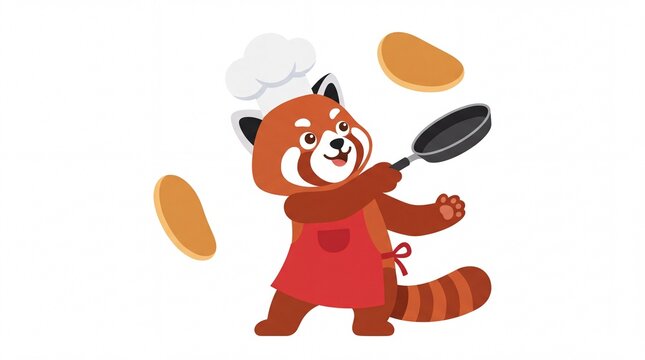Cute red panda chef tossing pancakes in a frying pan