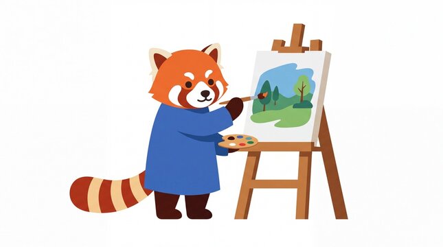 Red panda artist painting a green landscape on a wooden easel
