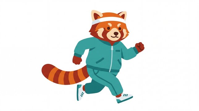 Red panda jogging in a teal tracksuit