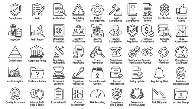 Comprehensive set of compliance, audit, and risk management outline icons for corporate governance and security