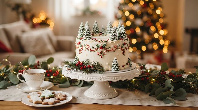 Elegant christmas dessert cake decorated with greenery and berries on a pedestal stand in cozy dining setting