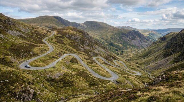 Winding mountain road, "The Devil's Staircase", carving through lush green valleys under a dramatic cloudy sky.