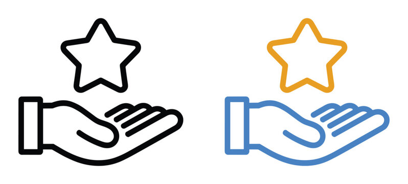 Star in Hand. Two stylized hand icons, one in black outline and the other in blue outline, each hold a star symbol, representing achievement and recognition.