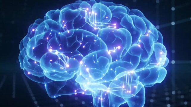 Three glowing brains floating in digital space