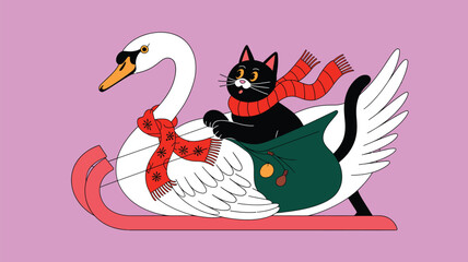Fototapeta premium Cute illustration of a black cat wearing a red scarf riding a swan sleigh, winter holiday concept