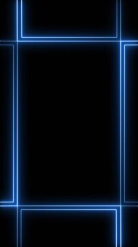 Blue neon line frame loop on black vertical background for social media and modern digital content