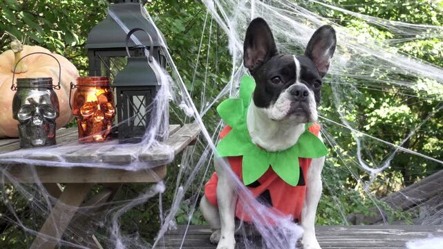 Cute dog in a festive costume sits with Halloween decorations. Black lanterns, skull candles, spider webs and pumpkin. Symbolizes Halloween fun. Ideal for holiday and pet content
